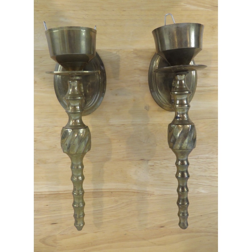 Pair  Lacquered Brass Spiral Twisted Taper Candle Wall Sconces Drip Tray 10"